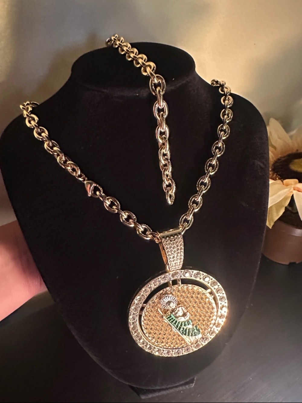 Plated Gold Women’s/ Men’s Chain Necklace with Crystal Pave Pendant